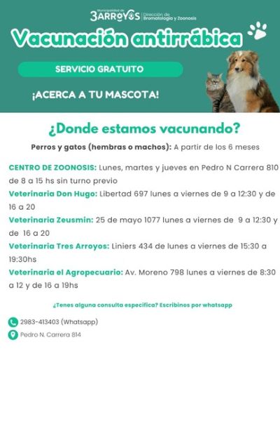 Vacunación Antirrábica: la campaña gratuita finaliza el 31 de julio o hasta agotar stock en veterinarias